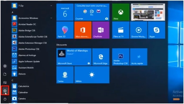 Cliquer sur l’icône de Paramètres de Windows 10